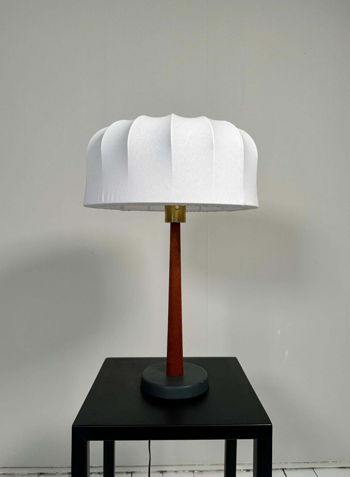 Midcentury Teak And Cotton Table Lamp By Einar Bäckström, Sweden, 1950s photo Lighting