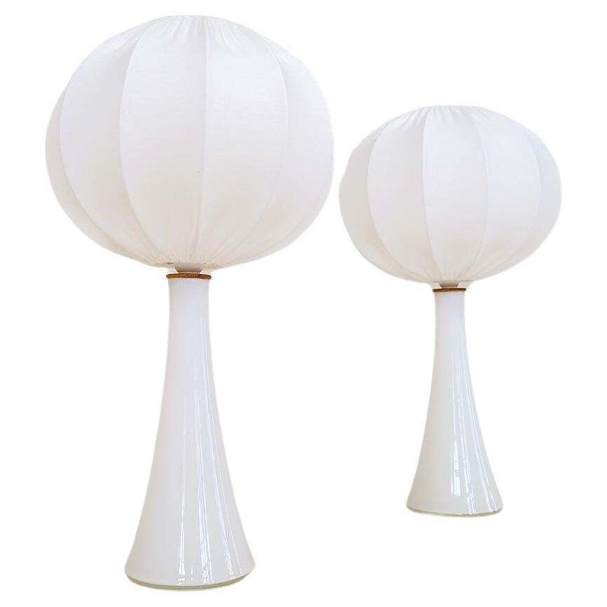 Midcentury Pair Of Opaline Glass Table Lamps Cotton Shades Bergboms Sweden, 1960