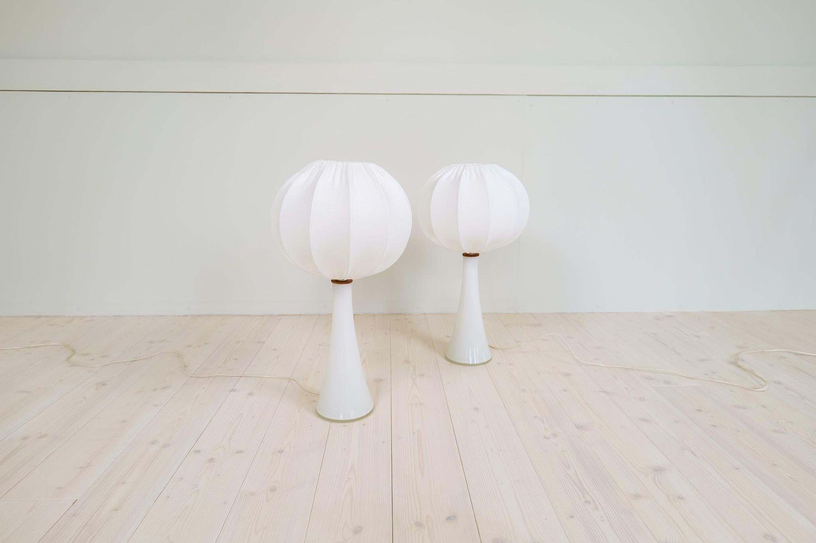 Midcentury Pair Of Opaline Glass Table Lamps Cotton Shades Bergboms Sweden, 1960 photo for sale