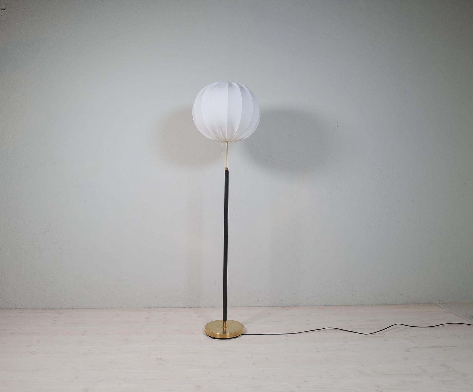 Mid Century Brass Black Leather Floor Lamp Falkenbergs Belysning, Sweden, 1960s photo for sale