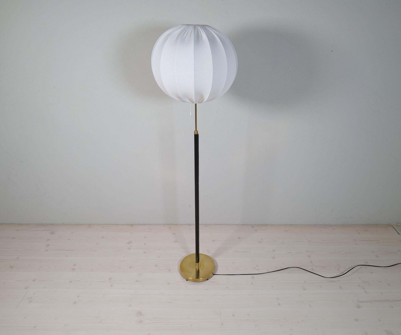 Mid Century Brass Black Leather Floor Lamp Falkenbergs Belysning, Sweden, 1960s photo 2138.0
