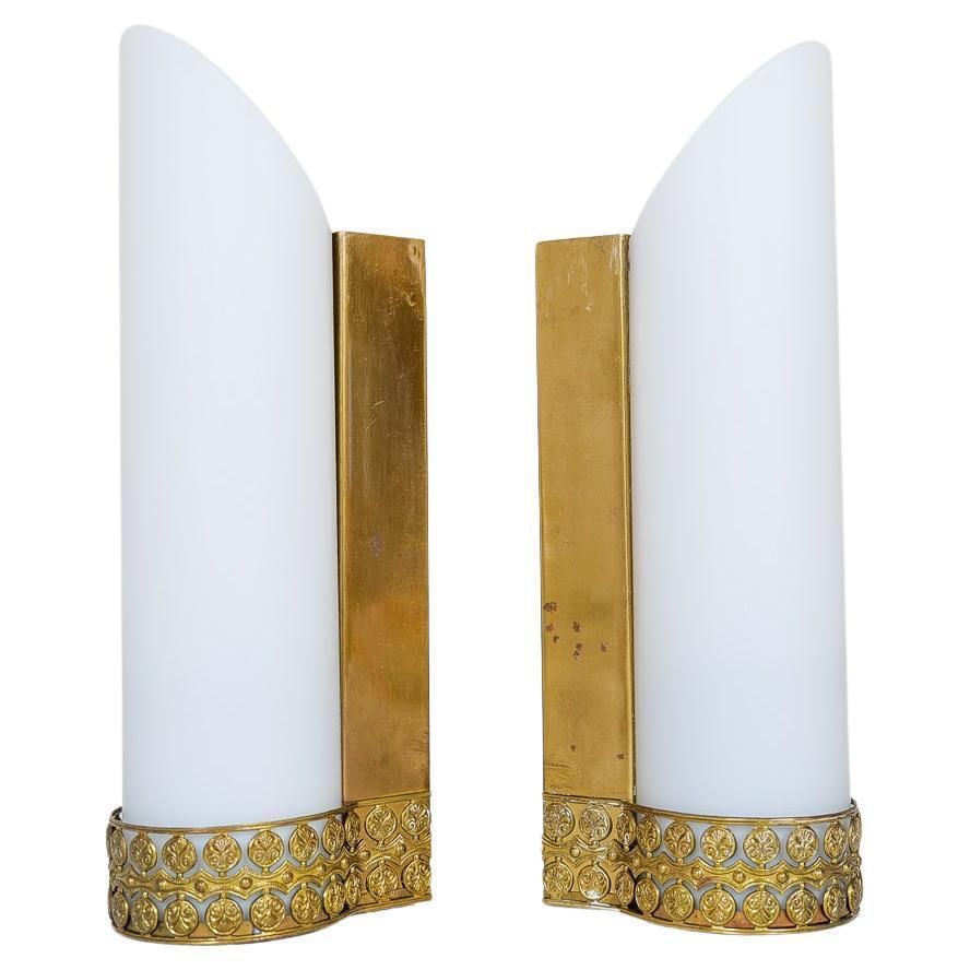 Midcentury Modern Pair Of Brass And Opaline Wall Lamps Attributed To Asea Sweden