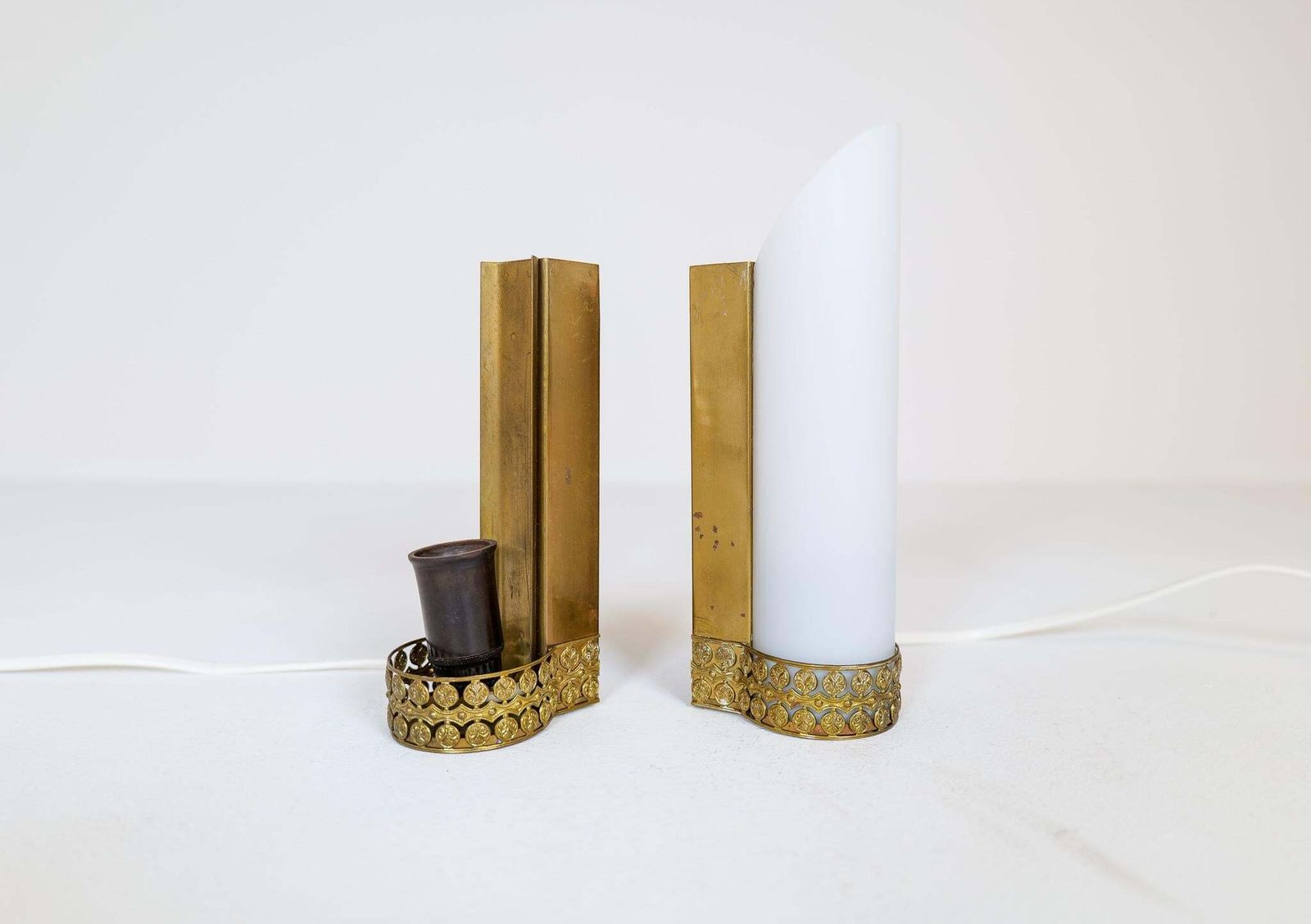 Midcentury Modern Pair Of Brass And Opaline Wall Lamps Attributed To Asea Sweden photo vintage