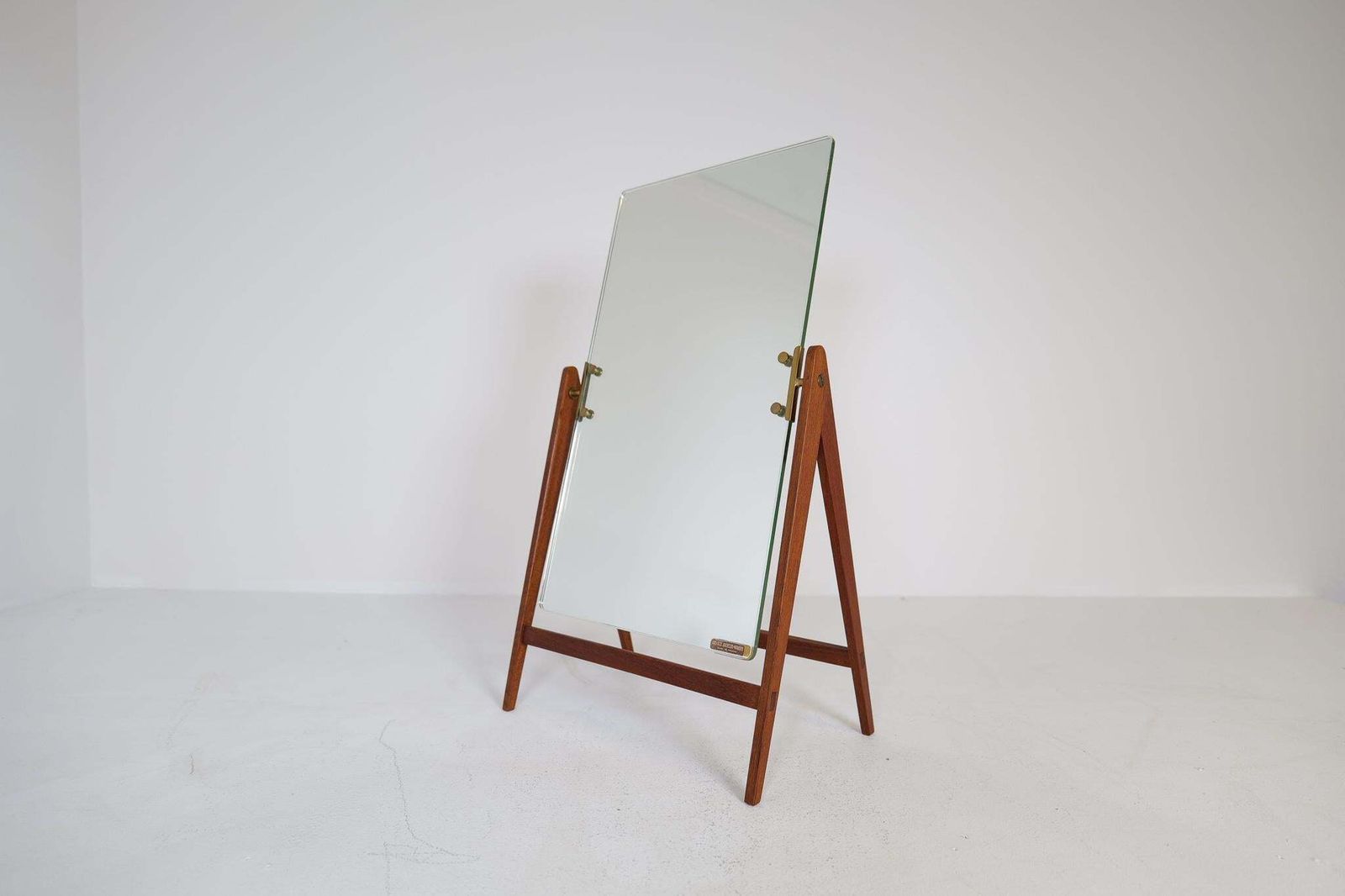 2138.0 Mid Century Hans Agne Jakobsson Brass And Teak Large Rare Table Mirror, Sweden photo