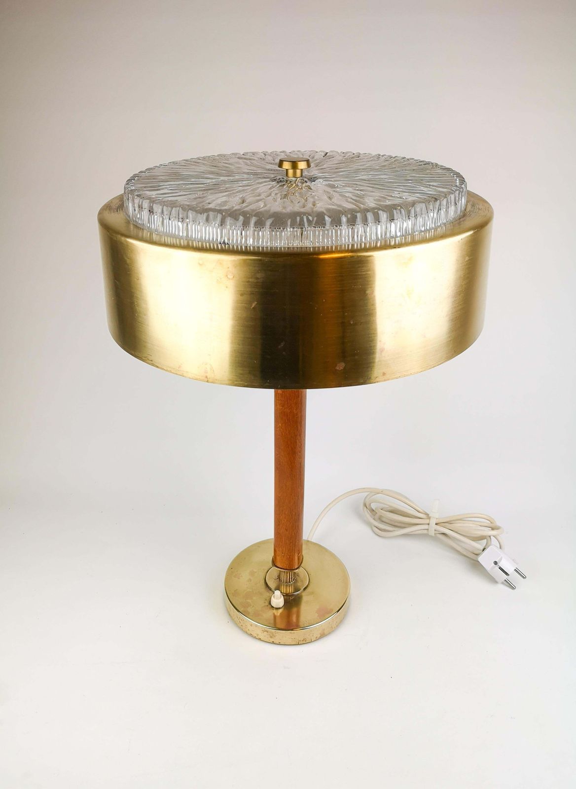 Swedish Midcentury Table Lamp In Brass, Crystal And Wood By Boréns photo for sale