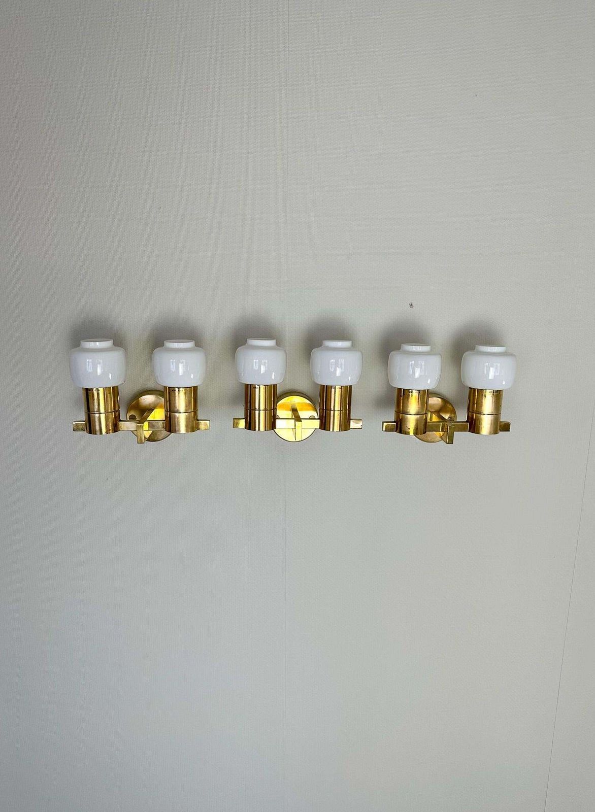 Midcentury Hans Agne Jakobsson Brass And Opaline Glass Wall Lamps, Sweden, 1960s photo furniture