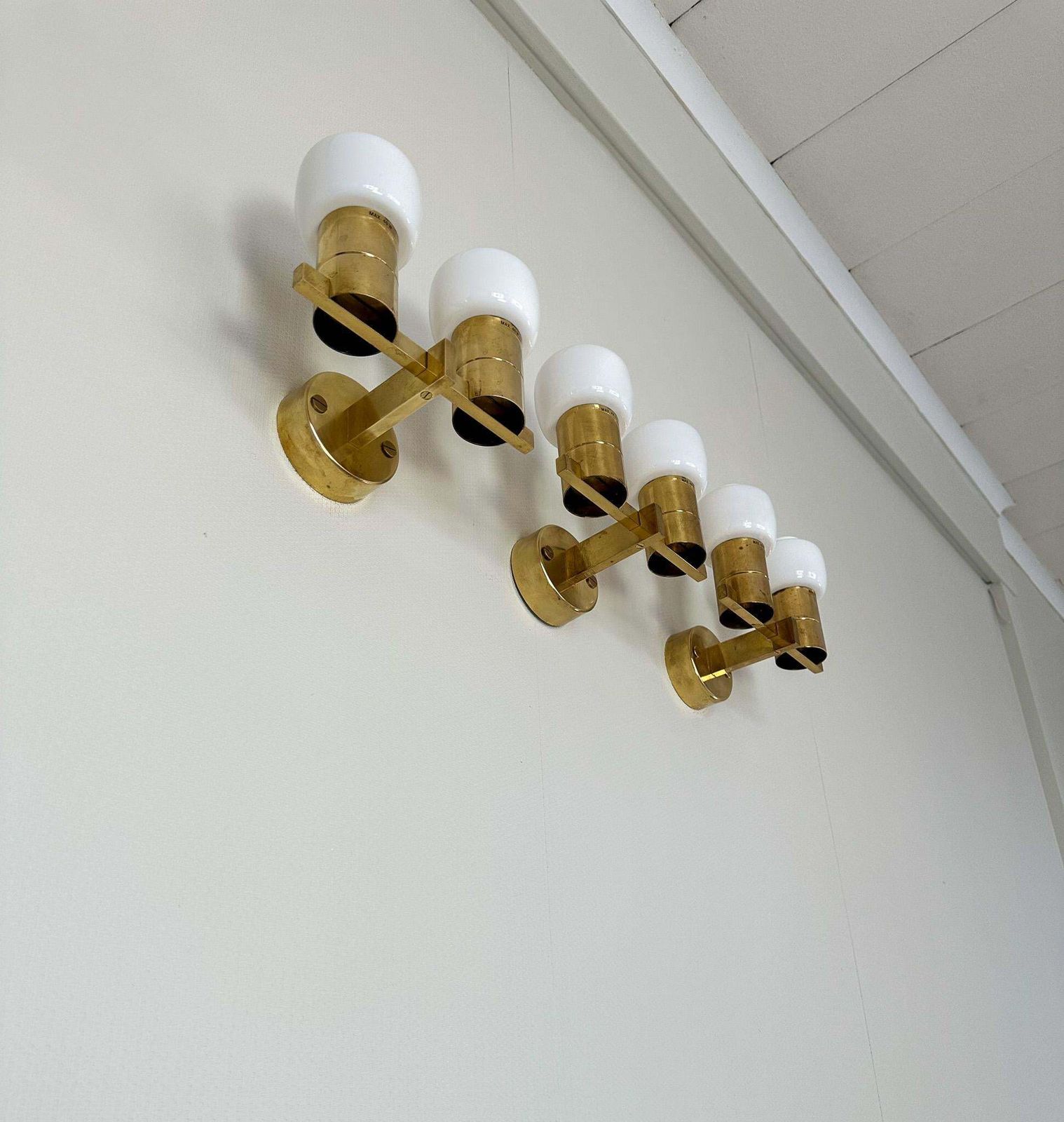 photo furniture Midcentury Hans Agne Jakobsson Brass And Opaline Glass Wall Lamps, Sweden, 1960s