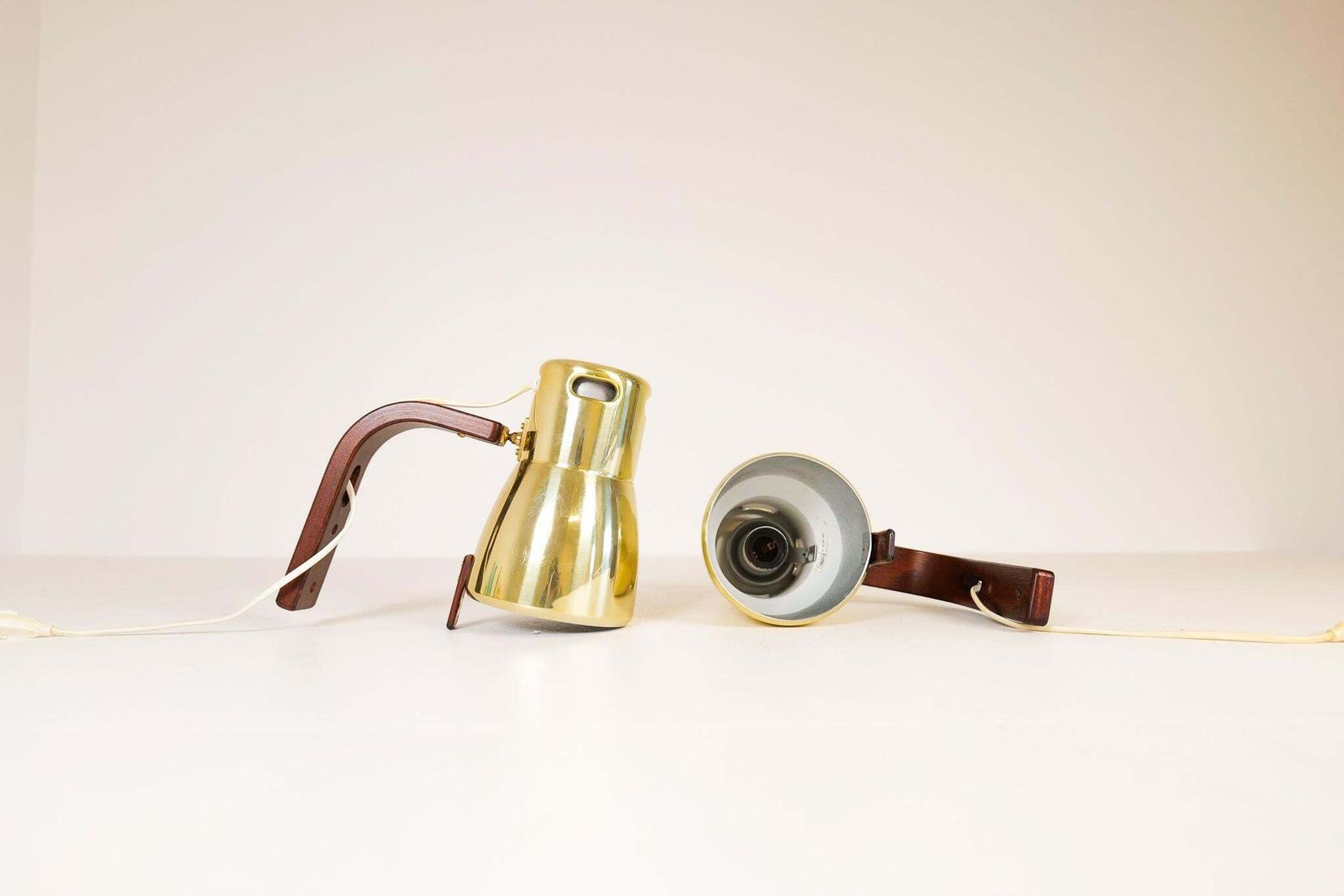 Hans Agne Jakobsson Brass And Stained Wood Wall Lamps, Sweden, 1970s photo for sale