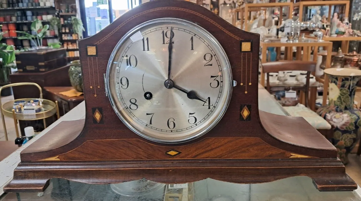 Vintage Inlaid Mahogany Napolean Mantle Clock, Early 20th Century