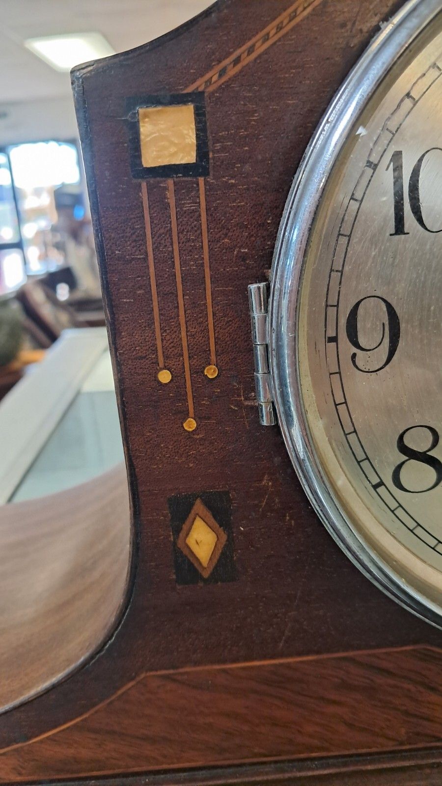 Vintage Inlaid Mahogany Napolean Mantle Clock, Early 20th Century photo for sale