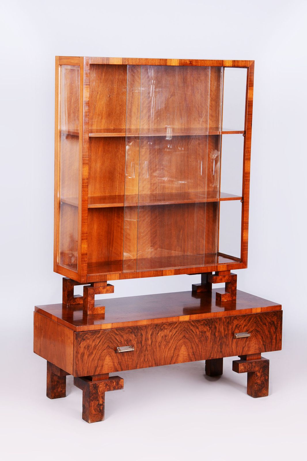 Restored Art Deco Display Cabinet , Walnut And Glass, Czech, 1920s