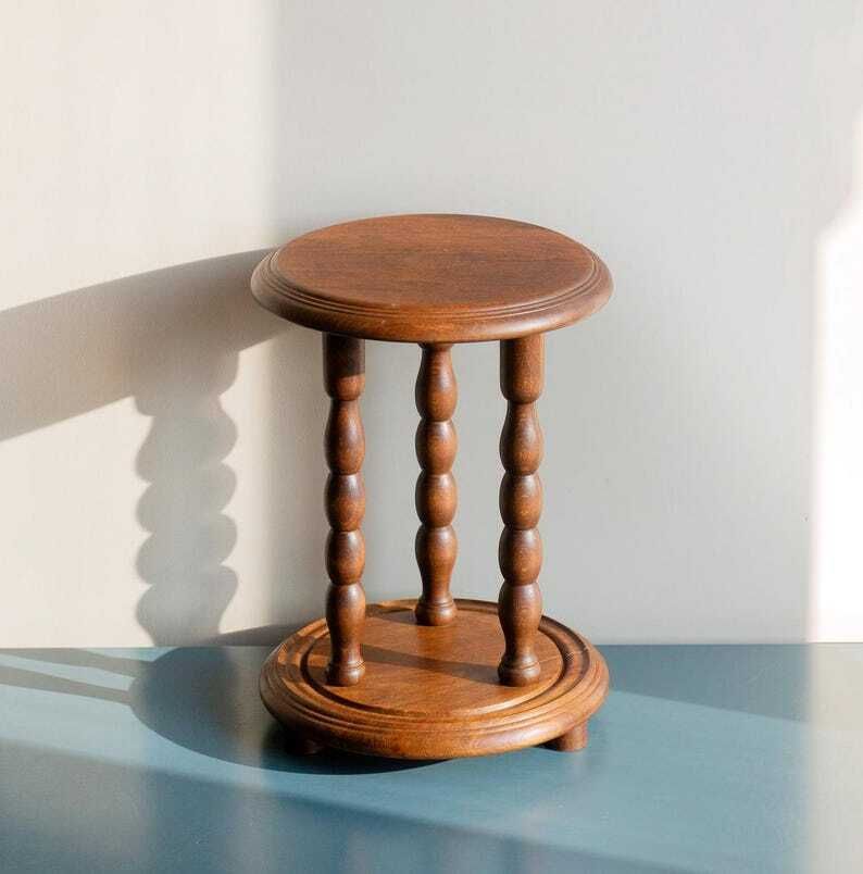 Round Stool With Turned Legs, Antique Bobbin Side Table, Rustic Oak Wooden Plant Stand, Small Side Table, Country Home Decor