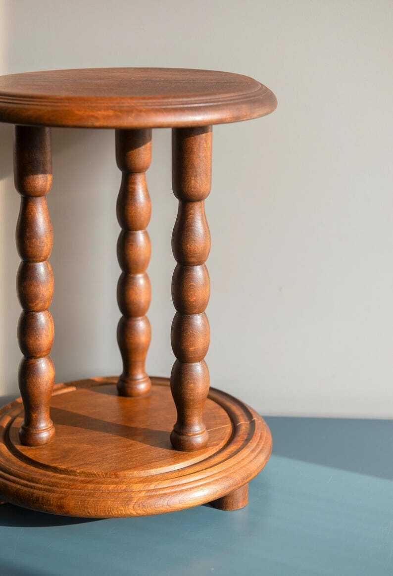 Round Stool With Turned Legs, Antique Bobbin Side Table, Rustic Oak Wooden Plant Stand, Small Side Table, Country Home Decor photo 185.0