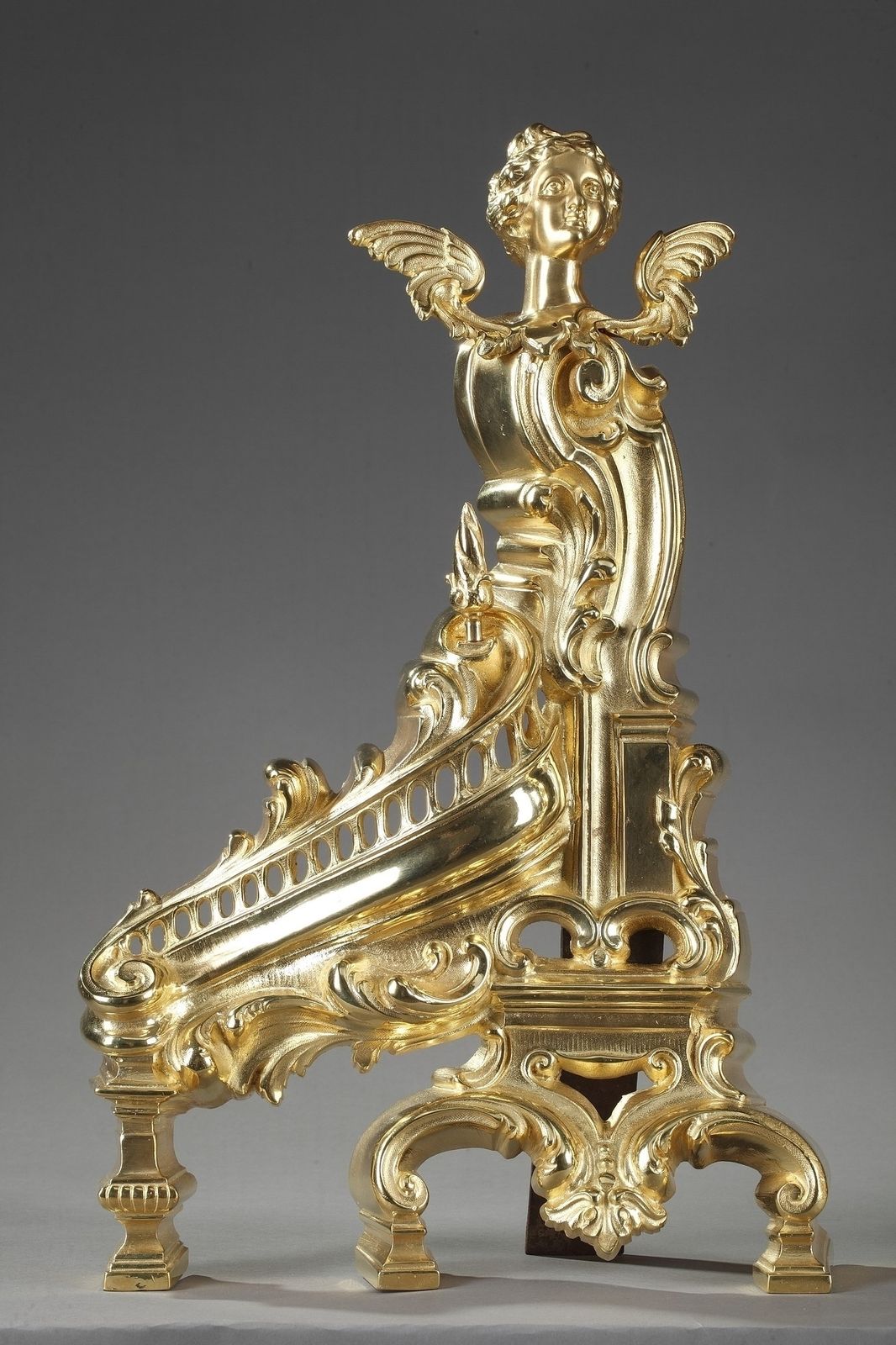 Chenets de cheminée Napoléon III de style Rocaille en bronze doré photo for sale