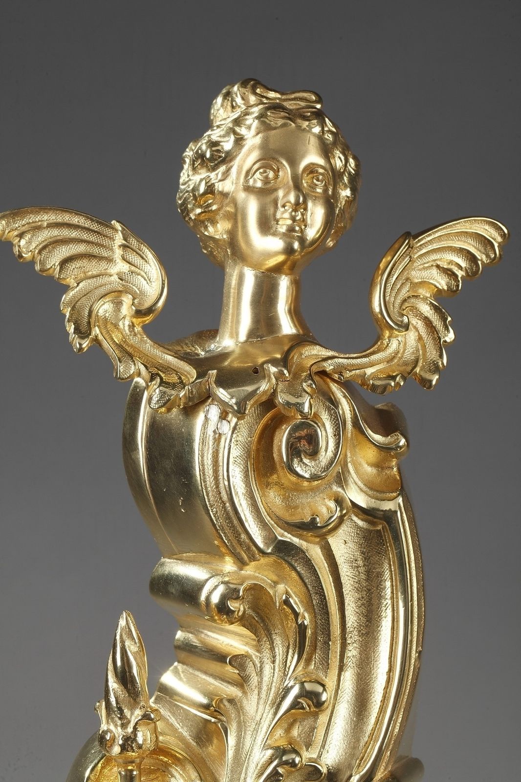 Chenets de cheminée Napoléon III de style Rocaille en bronze doré photo buy