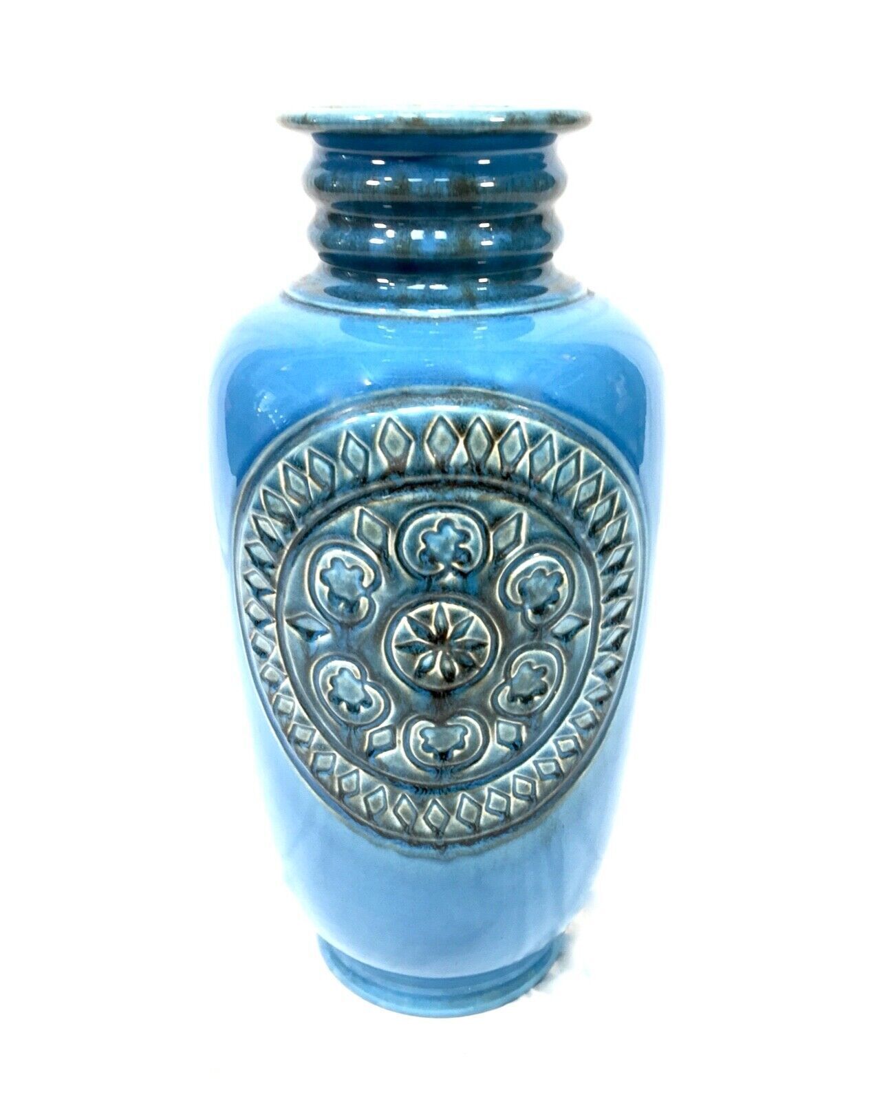 Vintage Large West German Pottery Jasba Vase / Blue Turquoise / Retro 1970s