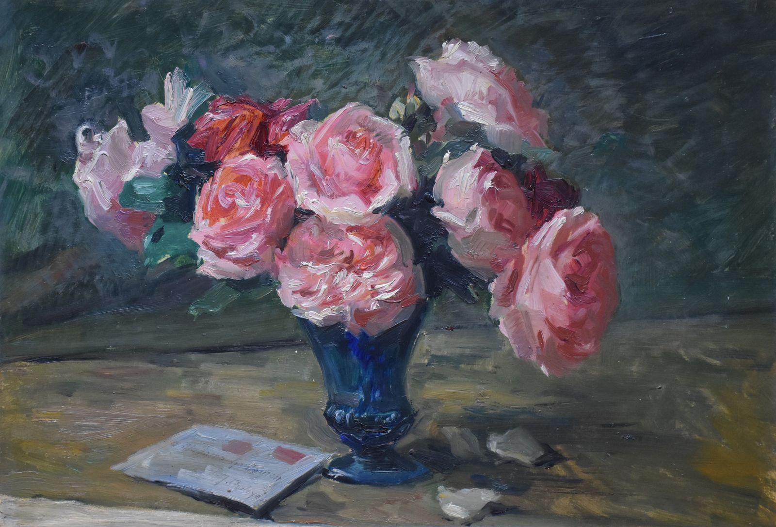 Jean Chaleyé, Roses In A Blue Glass Vase (Circa 1920)