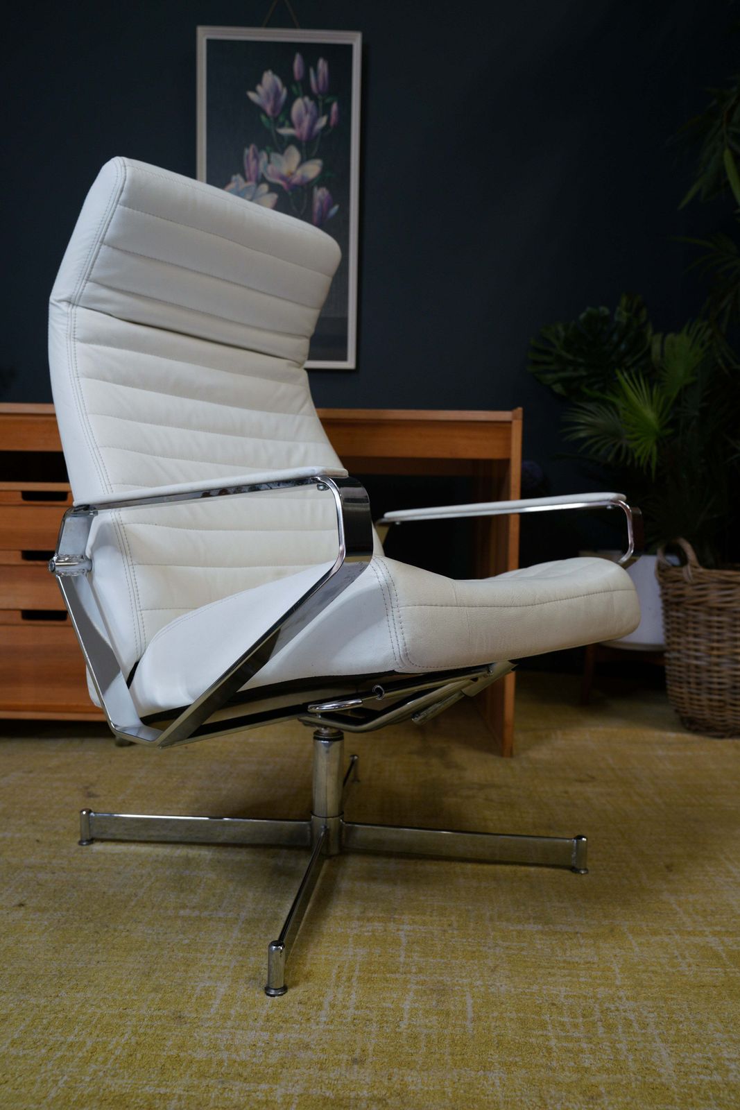 Vintage Danish Modern High Back Swivel Lounge Chair | Chrome & White Leather