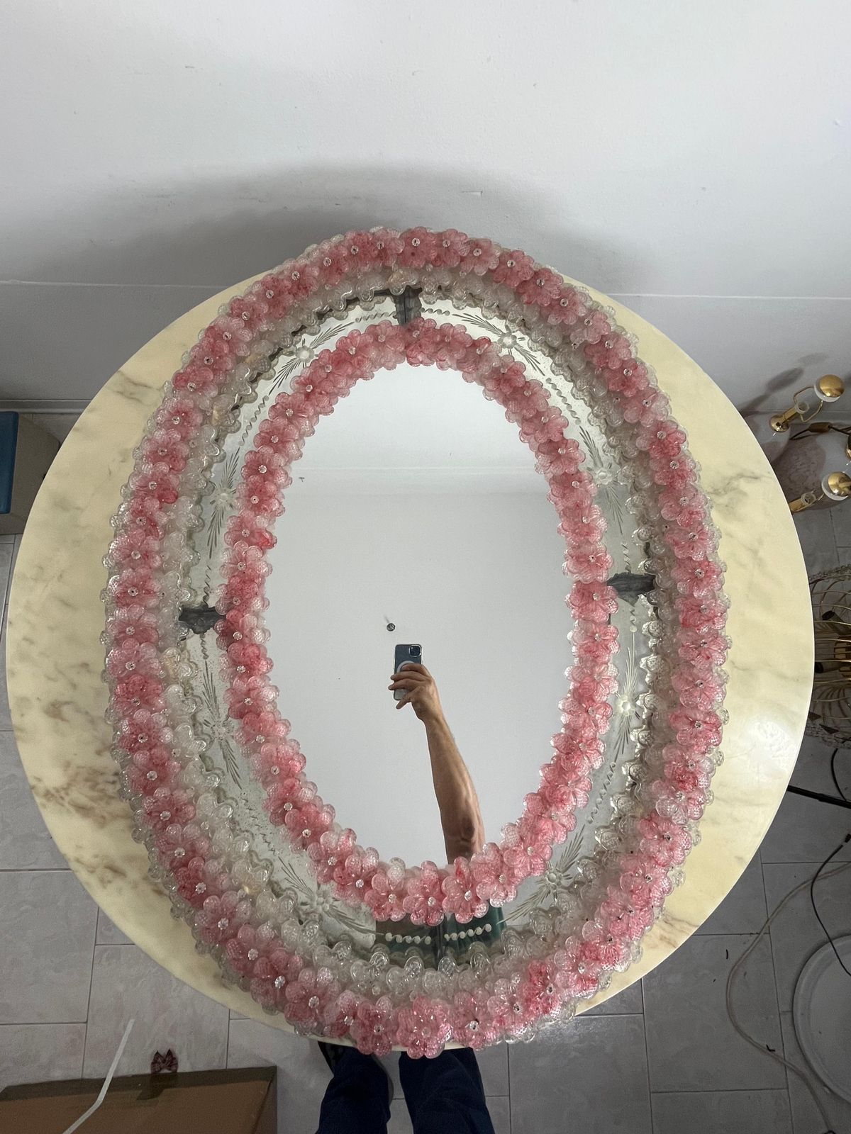photo furniture Large Mid Century Mirror In Murano Glass, Attributed To Barovier & Toso 1940s