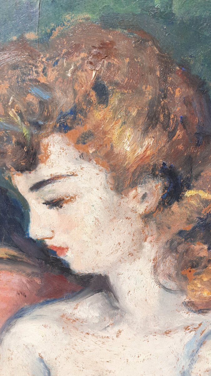Portrait Of A Woman, Oil On Panel, 20th Century photo furniture