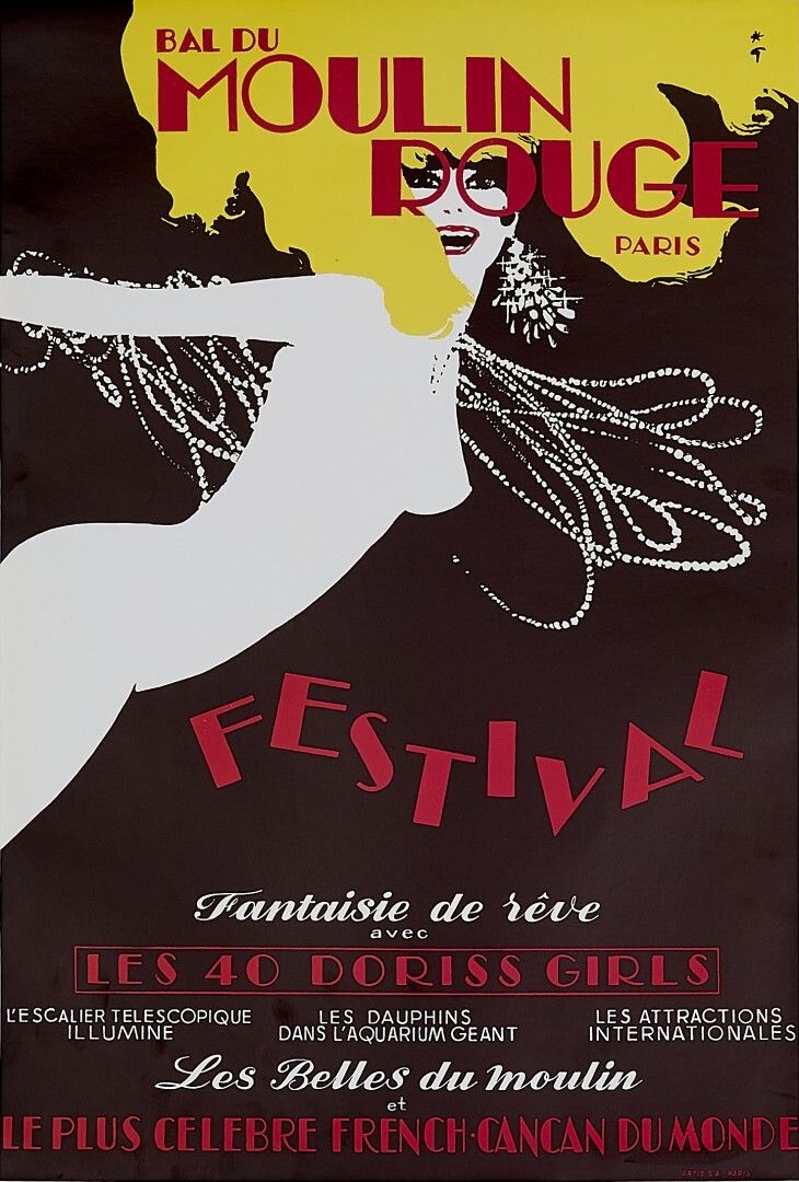 René Gruau, 1980s   Bal Du Moulin Rouge Paris, Festival   Original Vintage Poster Printed In Offset Lithography   Cm 60 X 40   23,6 X 15,7