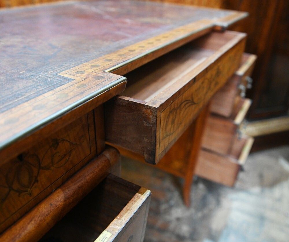 Furniture Edwardian Pedestal Desk Sheraton Inlay Writing Table 1900 photo