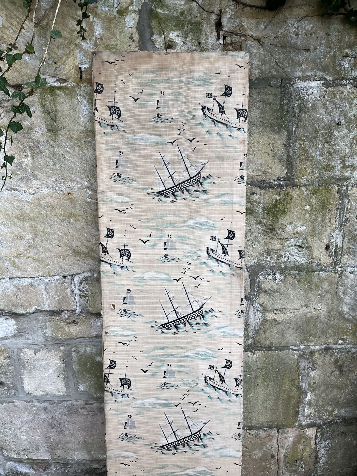 Charming 1950’s Folding Screen With Ships And Waves Fabric photo furniture