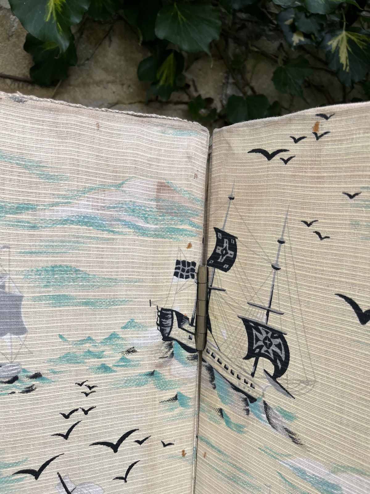 Charming 1950’s Folding Screen With Ships And Waves Fabric photo vintage