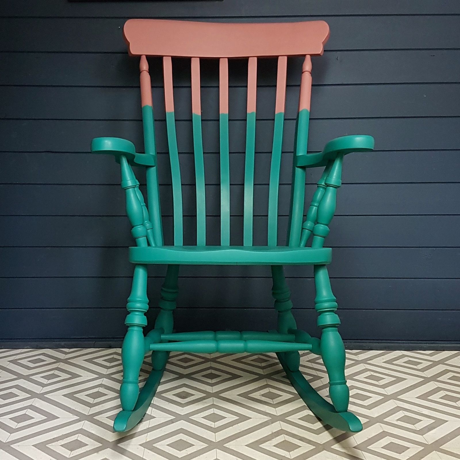 Two Tone Teal And Pink Painted Wooden Rocking Chair photo for sale