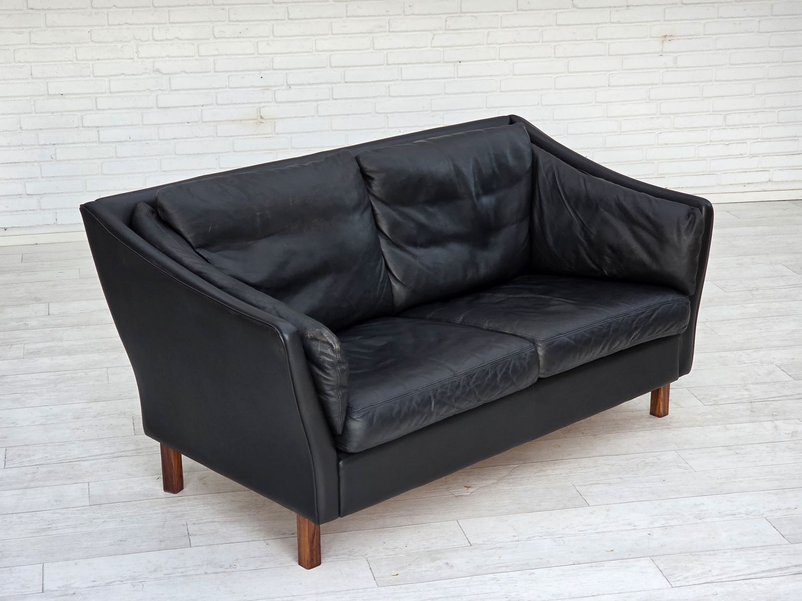 Furniture 1970s, Danish 2 Seater Sofa, Original Black Furniture Leather, Teak Wood Legs. photo
