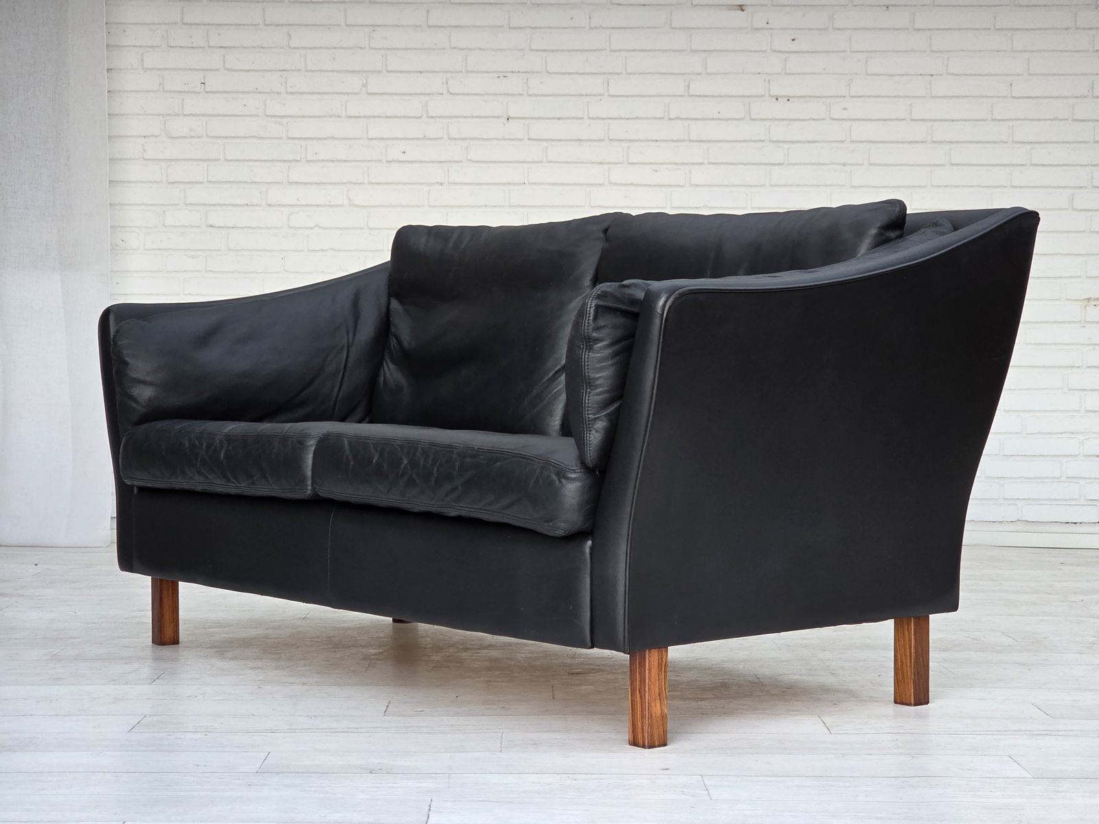 1500.0 1970s, Danish 2 Seater Sofa, Original Black Furniture Leather, Teak Wood Legs. photo