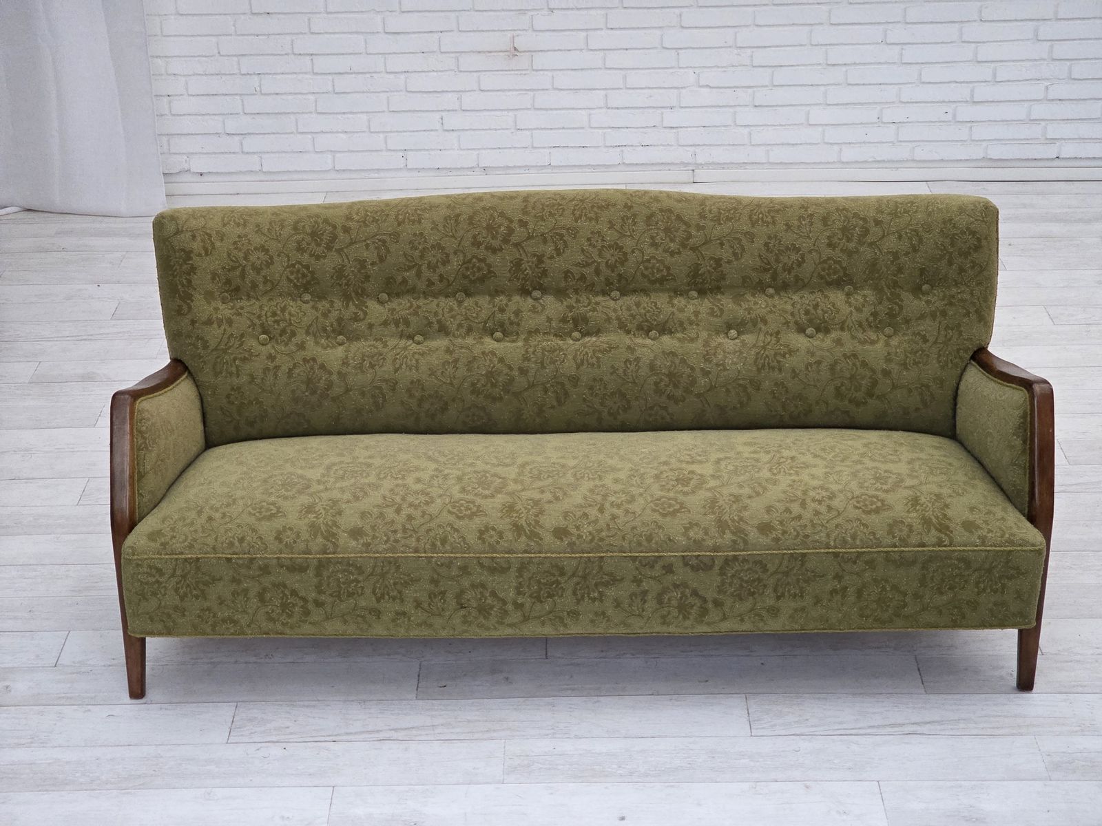 photo furniture 1960s, Danish 3 Seater Sofa, Green Furniture Velour, Ash Wood.