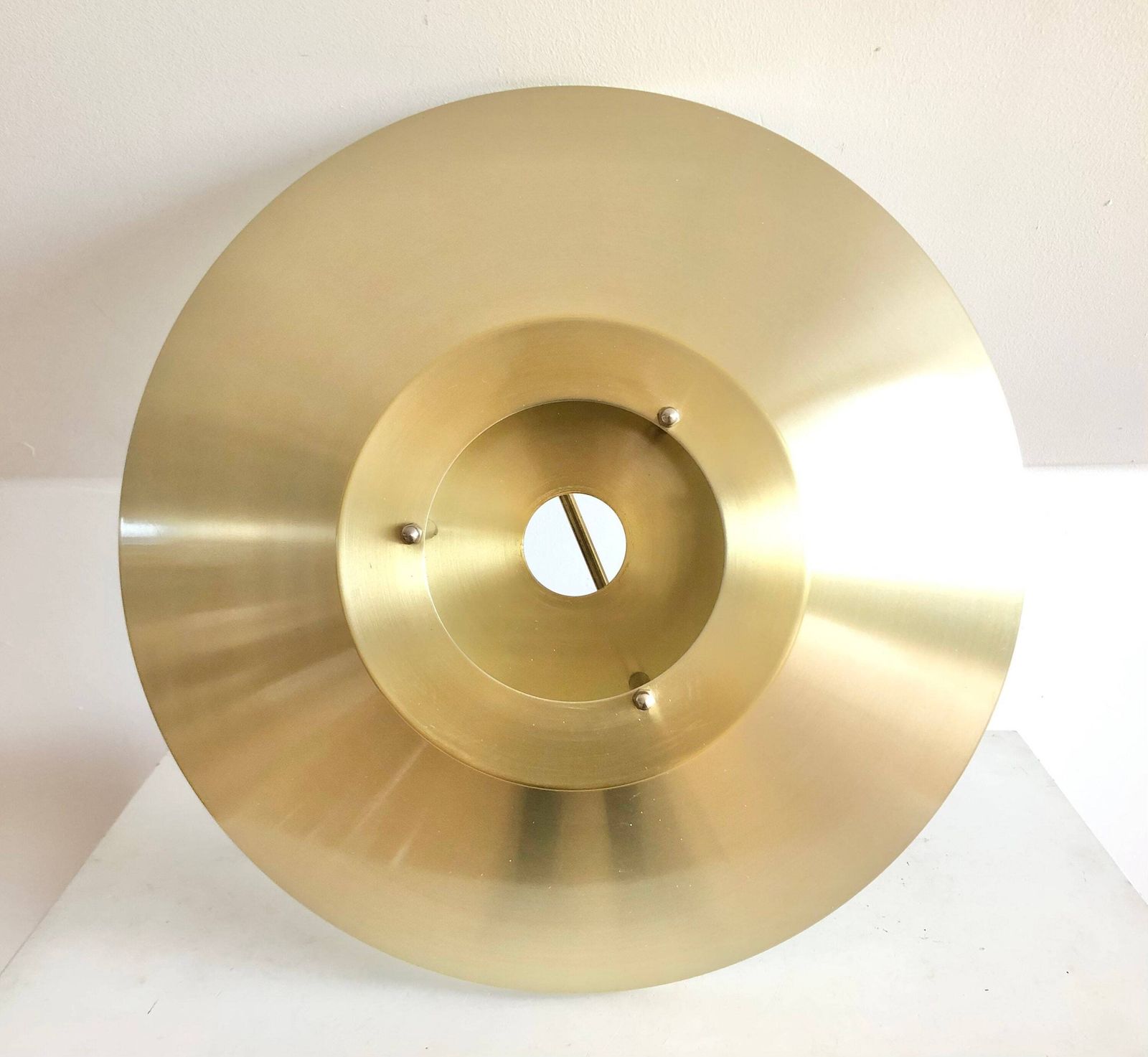 Danish Mid Century Modern Pair Of Lyskær Design Minimalist Ceiling Lamps With Gold Painted Multilayer Metal Shades And Hanger photo vinterior