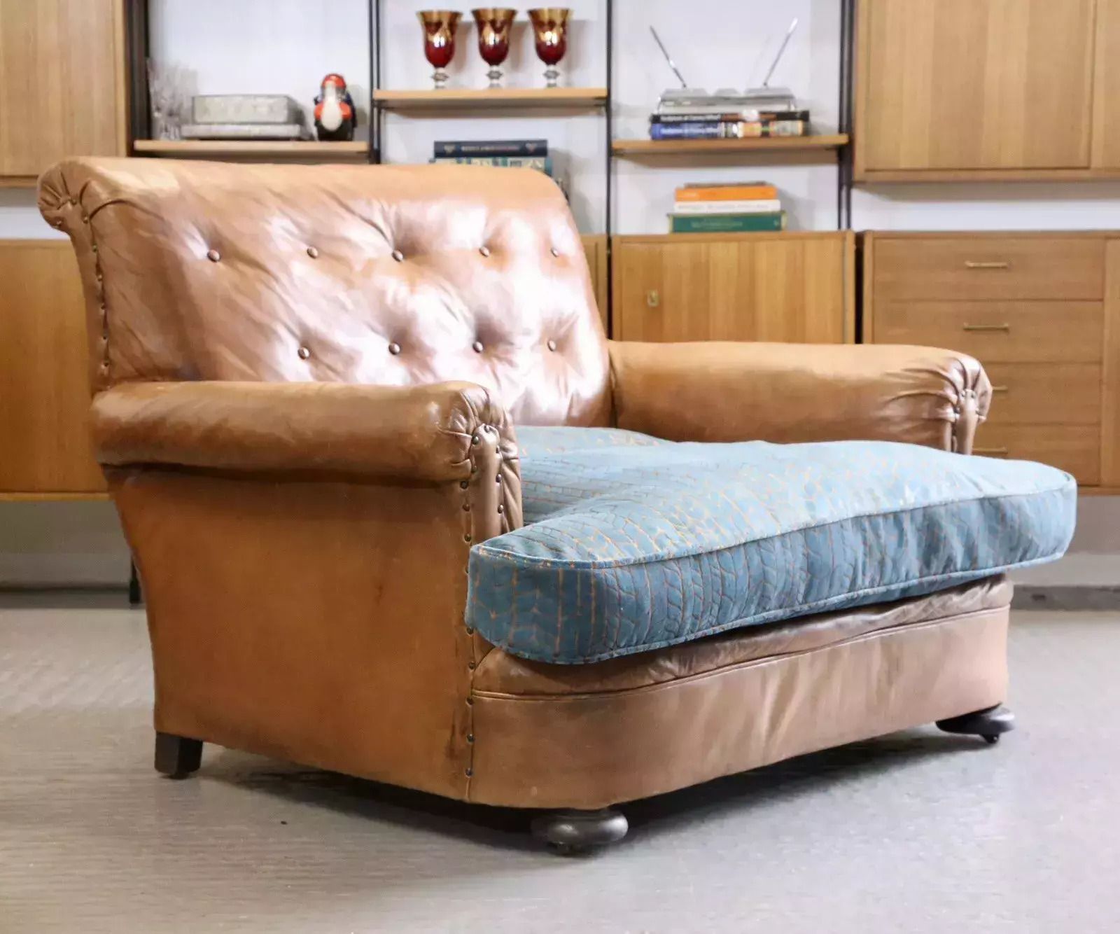 French Art Deco Style Brown Leather Loveseat Armchair