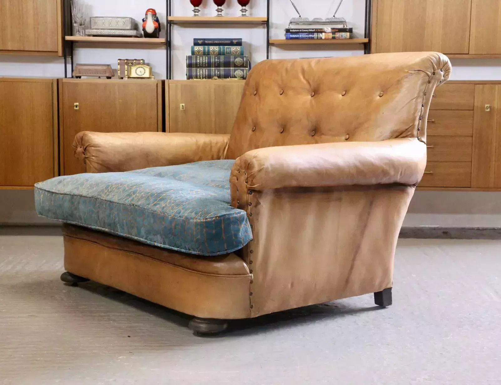 French Art Deco Style Brown Leather Loveseat Armchair photo vintage