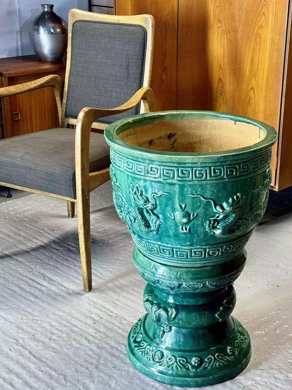 Large Chinese Emerald Green Dragon Glazed Ceramic Porcelain Pedestal Jardinière