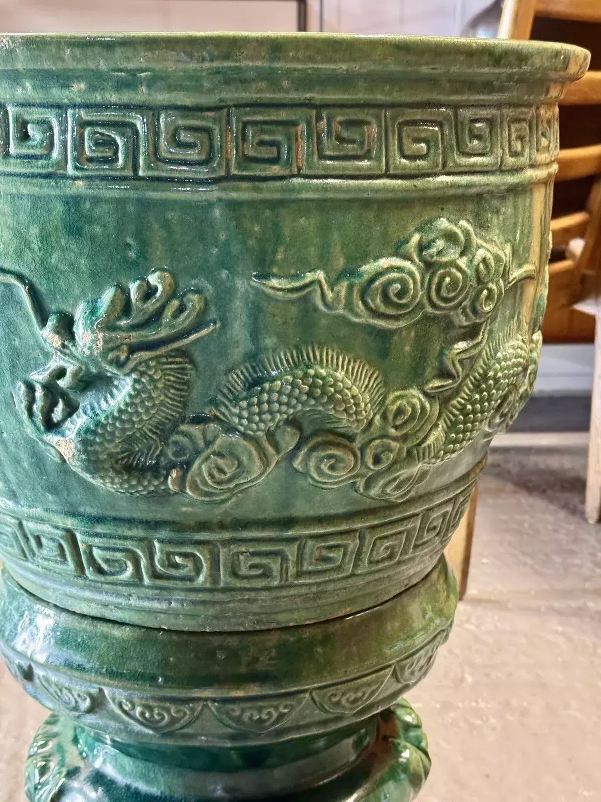 photo furniture Large Chinese Emerald Green Dragon Glazed Ceramic Porcelain Pedestal Jardinière