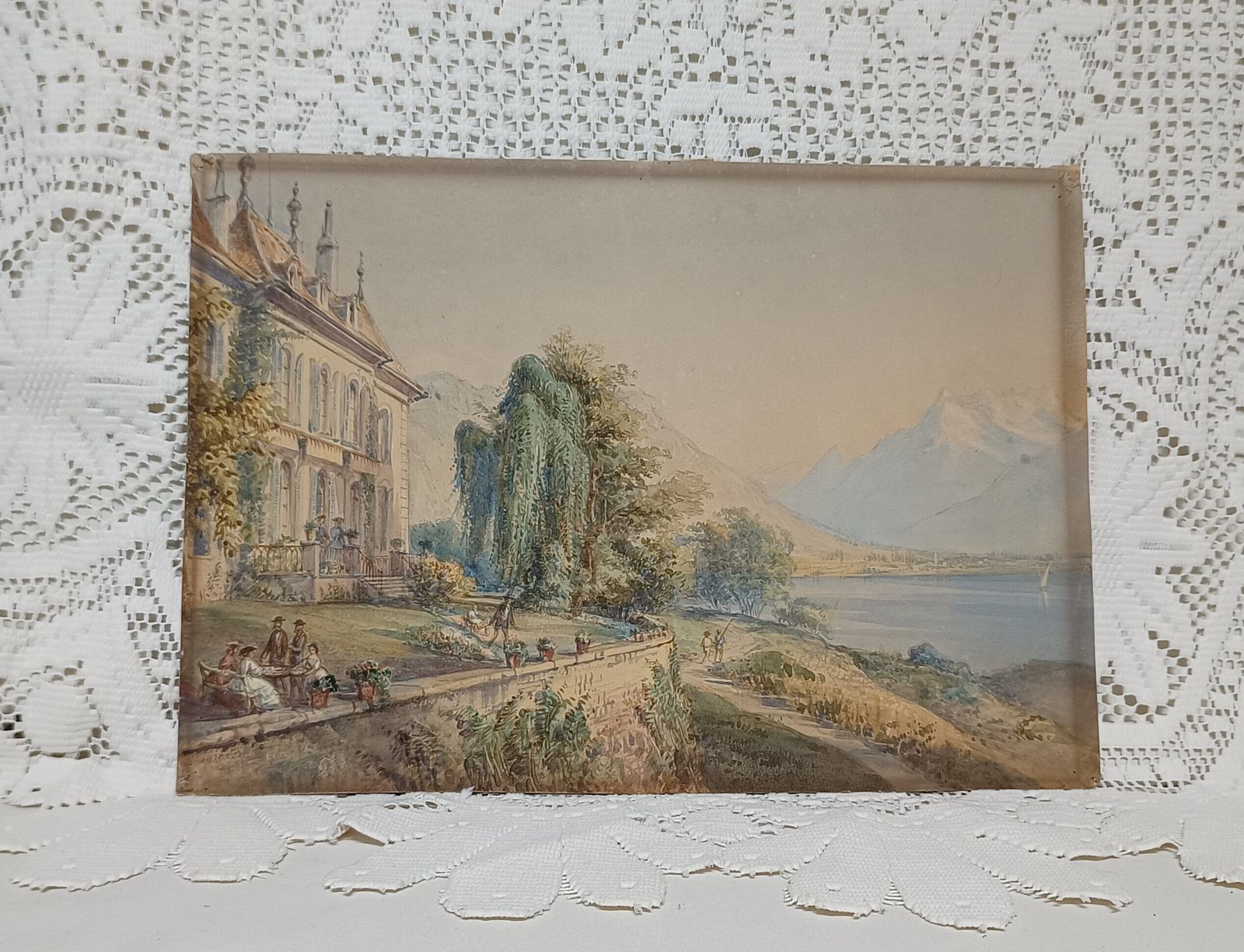 Antique Watercolour Painting Lakeside European Villa Mountain Landscape Unframed. photo furniture