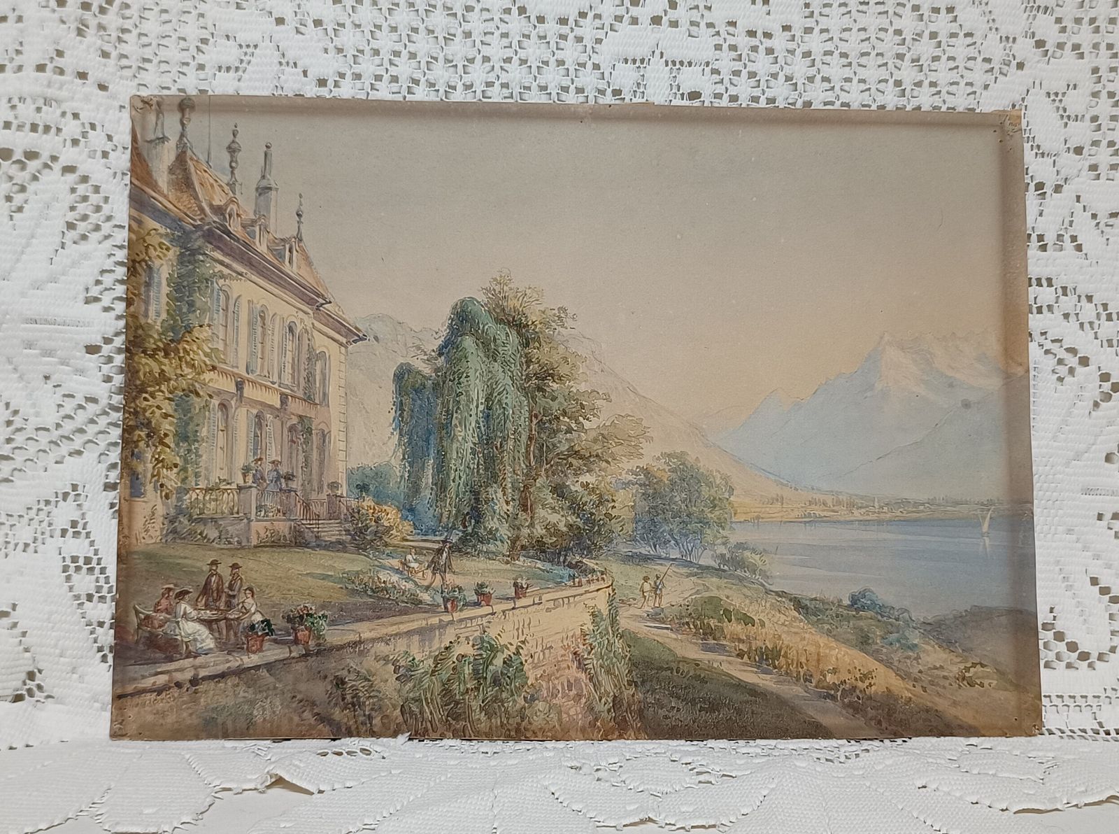 Antique Watercolour Painting Lakeside European Villa Mountain Landscape Unframed. photo for sale
