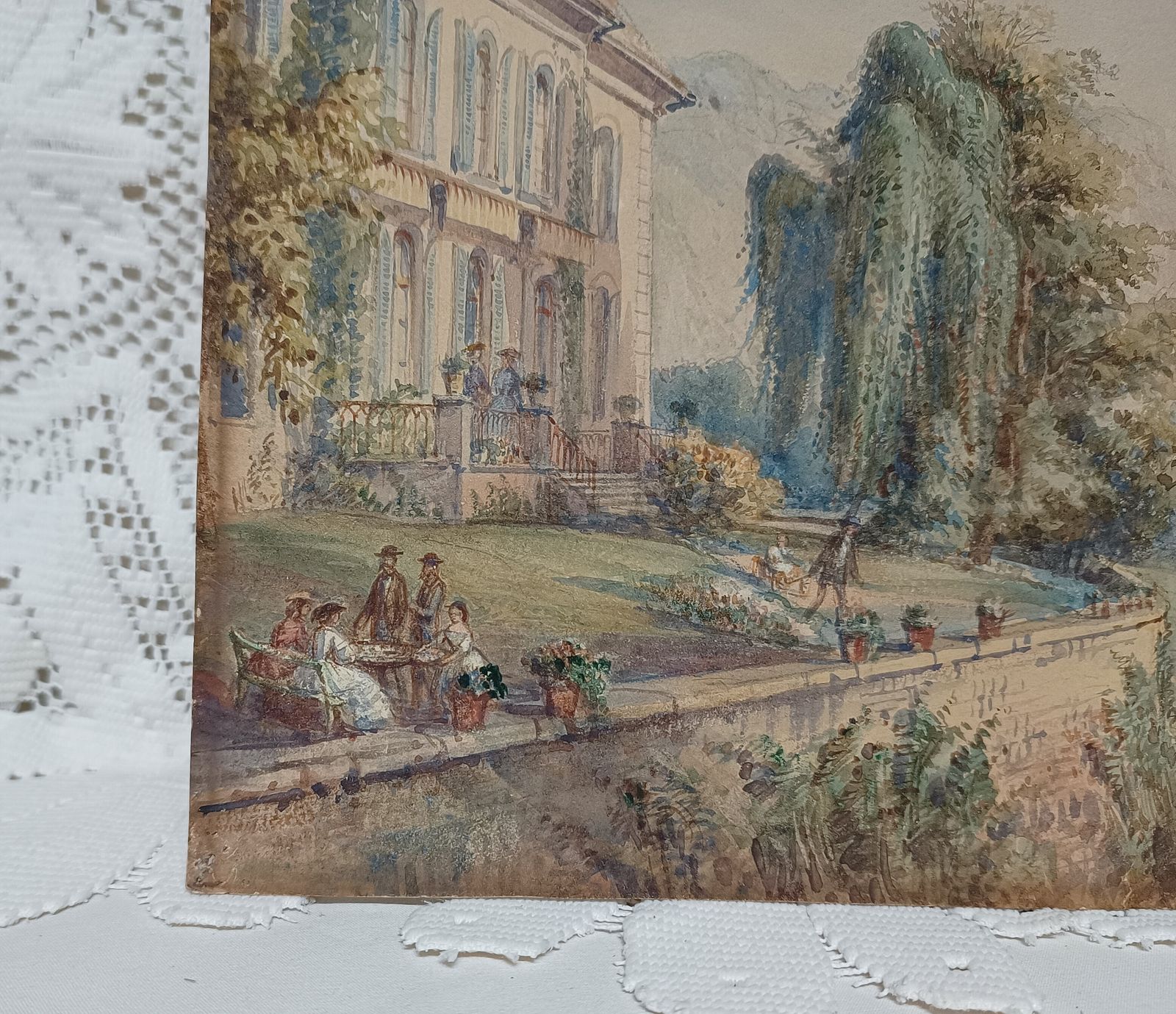 Antique Watercolour Painting Lakeside European Villa Mountain Landscape Unframed. photo Art