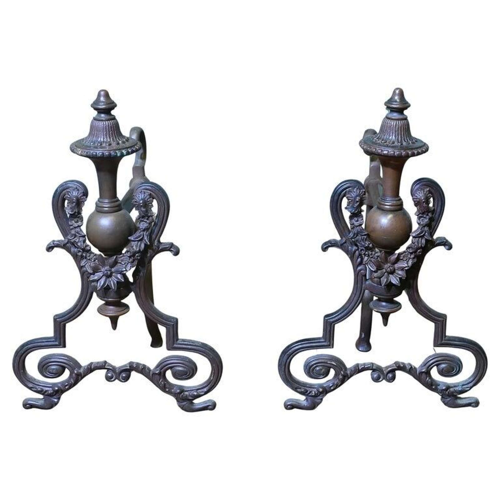 A Pair Of Decorative French Brass Andirons Or Chenets