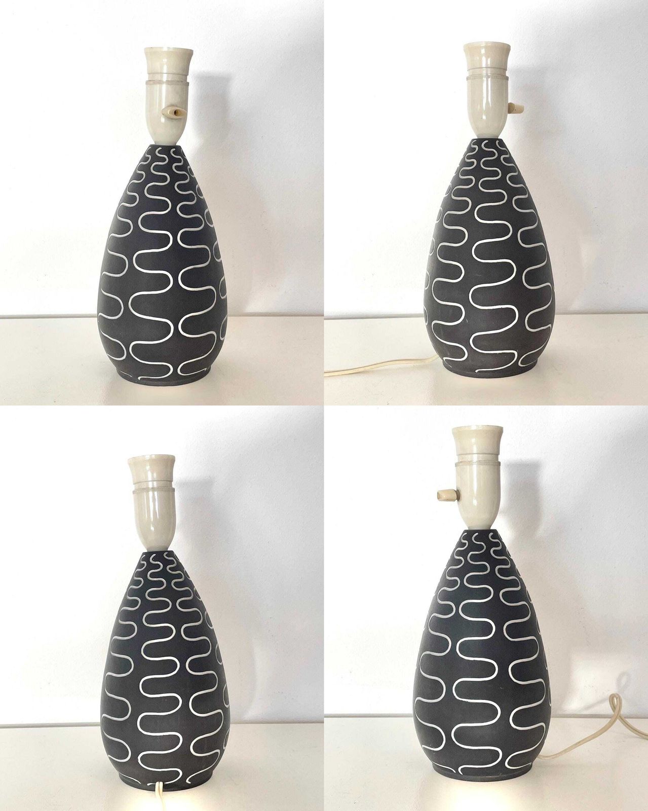 photo for sale Vintage Mid Century Danish Helge østergaard Artistic Black/White Sculptural Ceramic Studio Table Lamp In Modernist Design With Pleated Shade