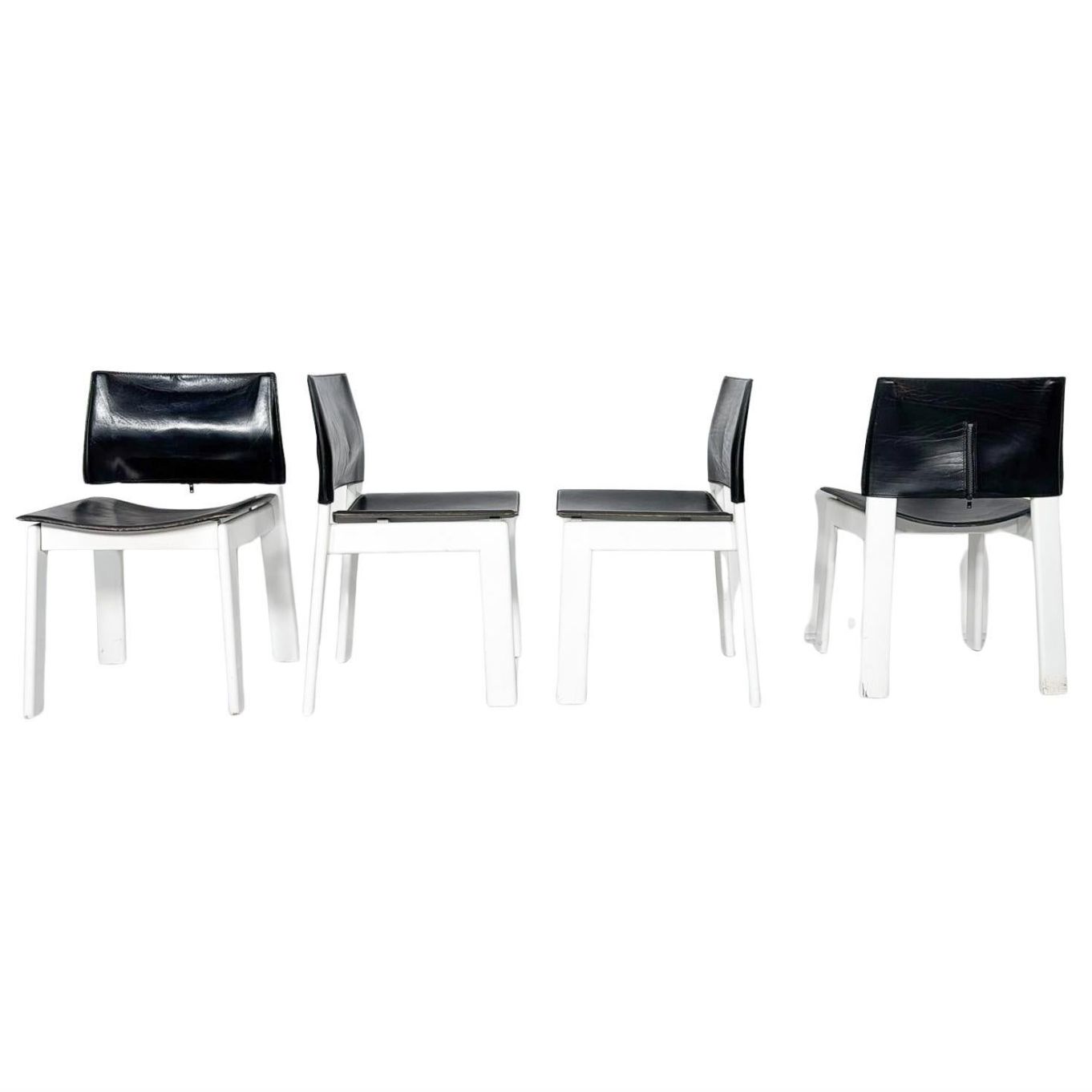 Mid Century Modern Set Of 4 Armchairs, Wood And Leather, Italy, 1970s