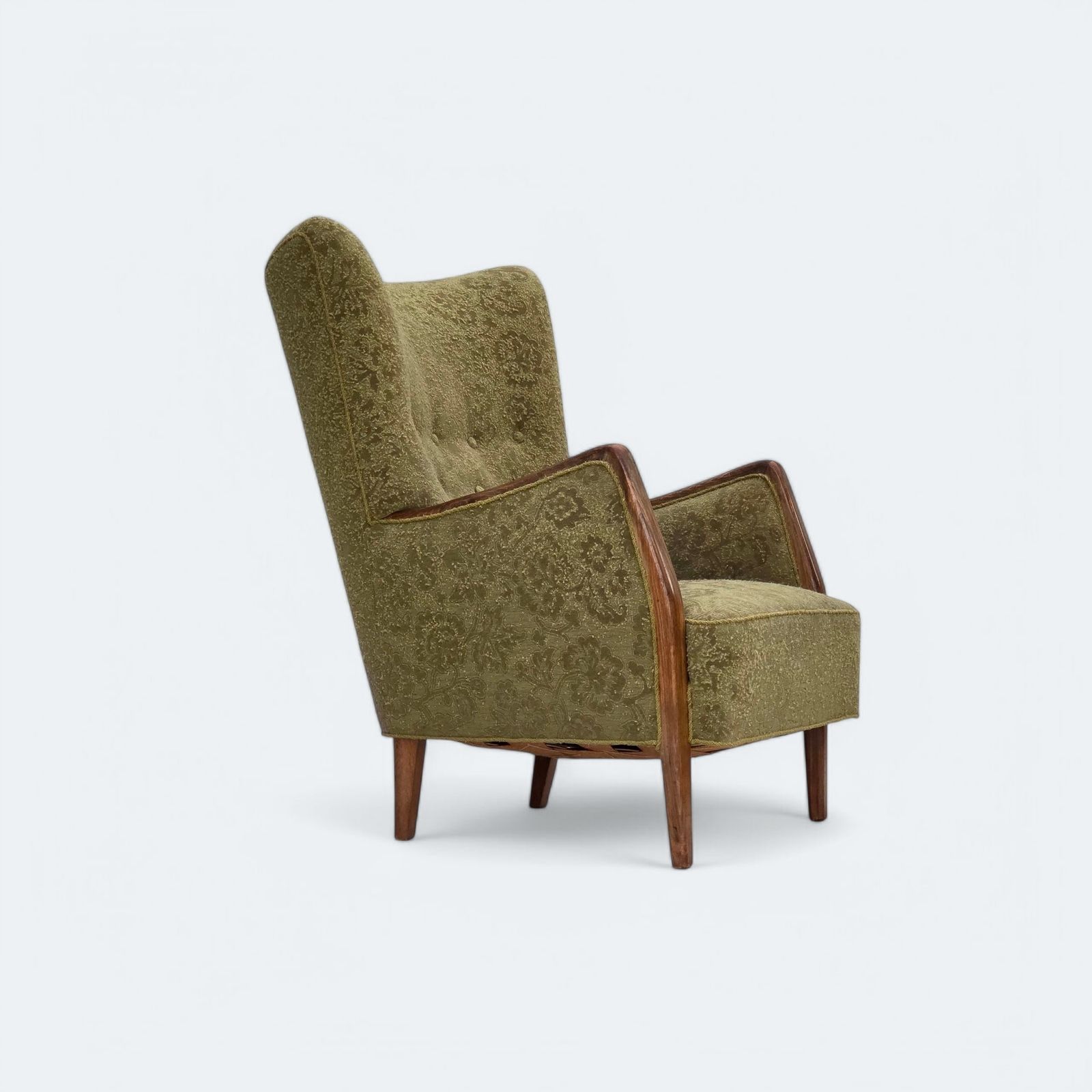 1960s, Danish Armchair, Original Green Furniture Velour, Ash Wood.