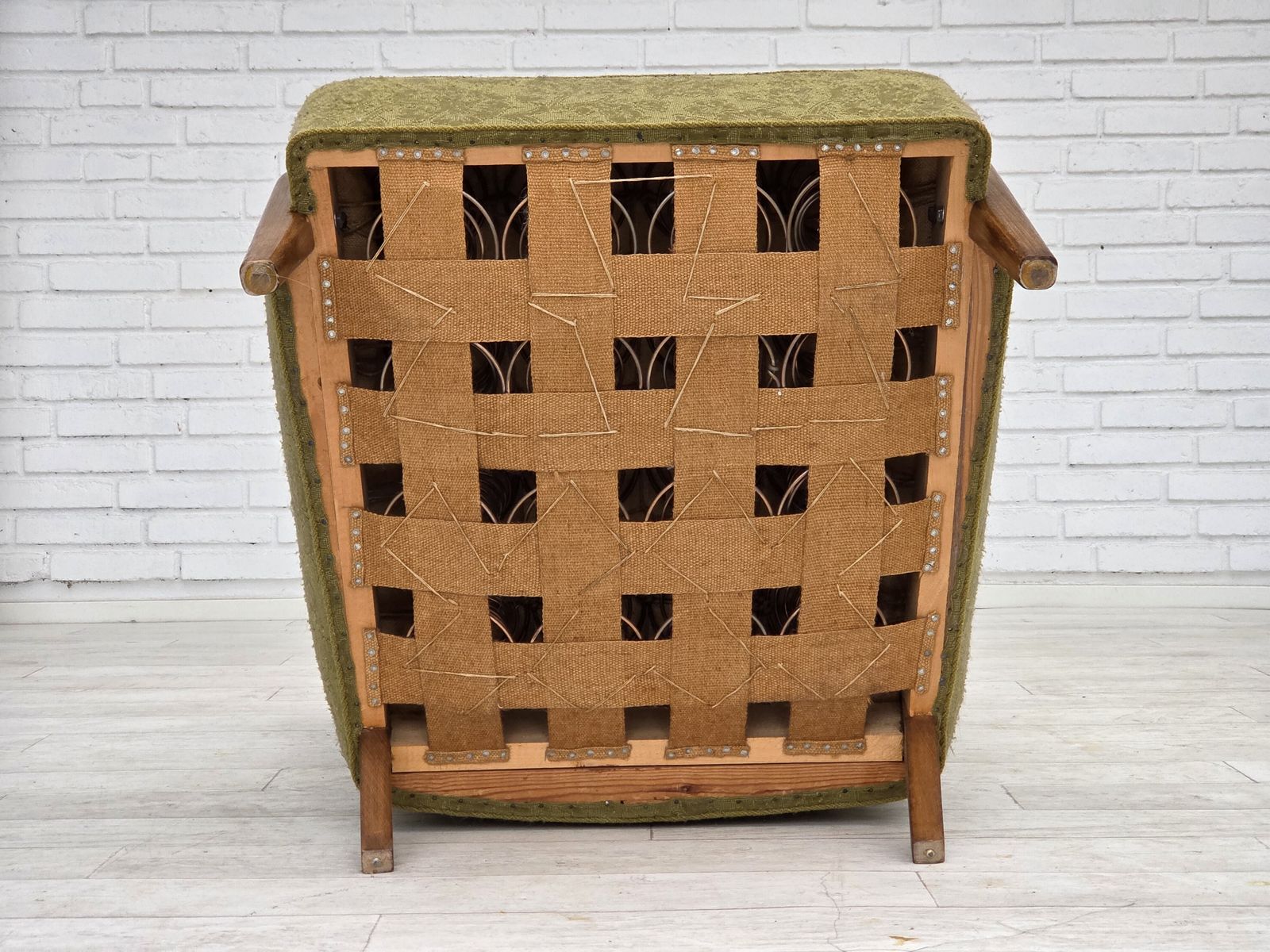 photo for sale 1960s, Danish Armchair, Original Green Furniture Velour, Ash Wood.