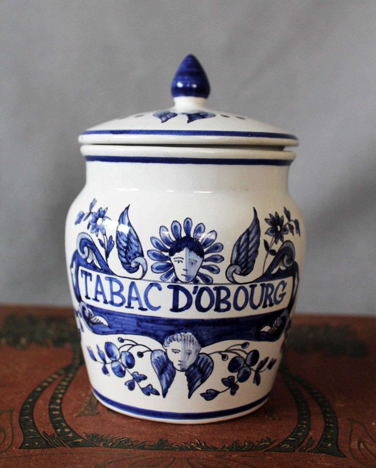 Antique Ceramic Ginger Jar, Small Lidded Jar, Delft Blue And White, Tobacco Jar, Tabac D'obourg, Dutch, Signed Ak, Angel Feather Headdress photo furniture
