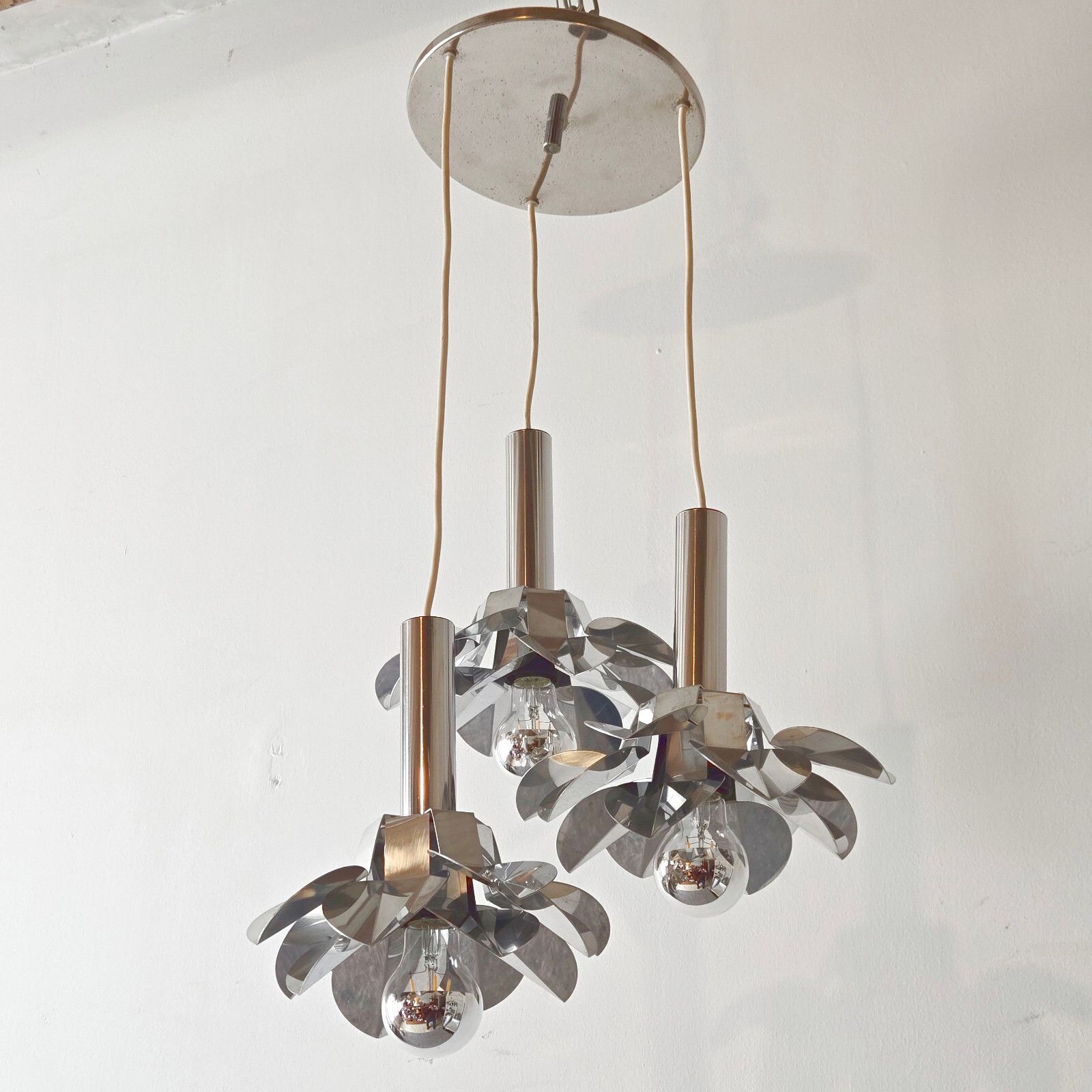 Vintage 1970s Space Age Pop Steel 70s Retro Waterfall Flower Hanging Chandelier photo furniture