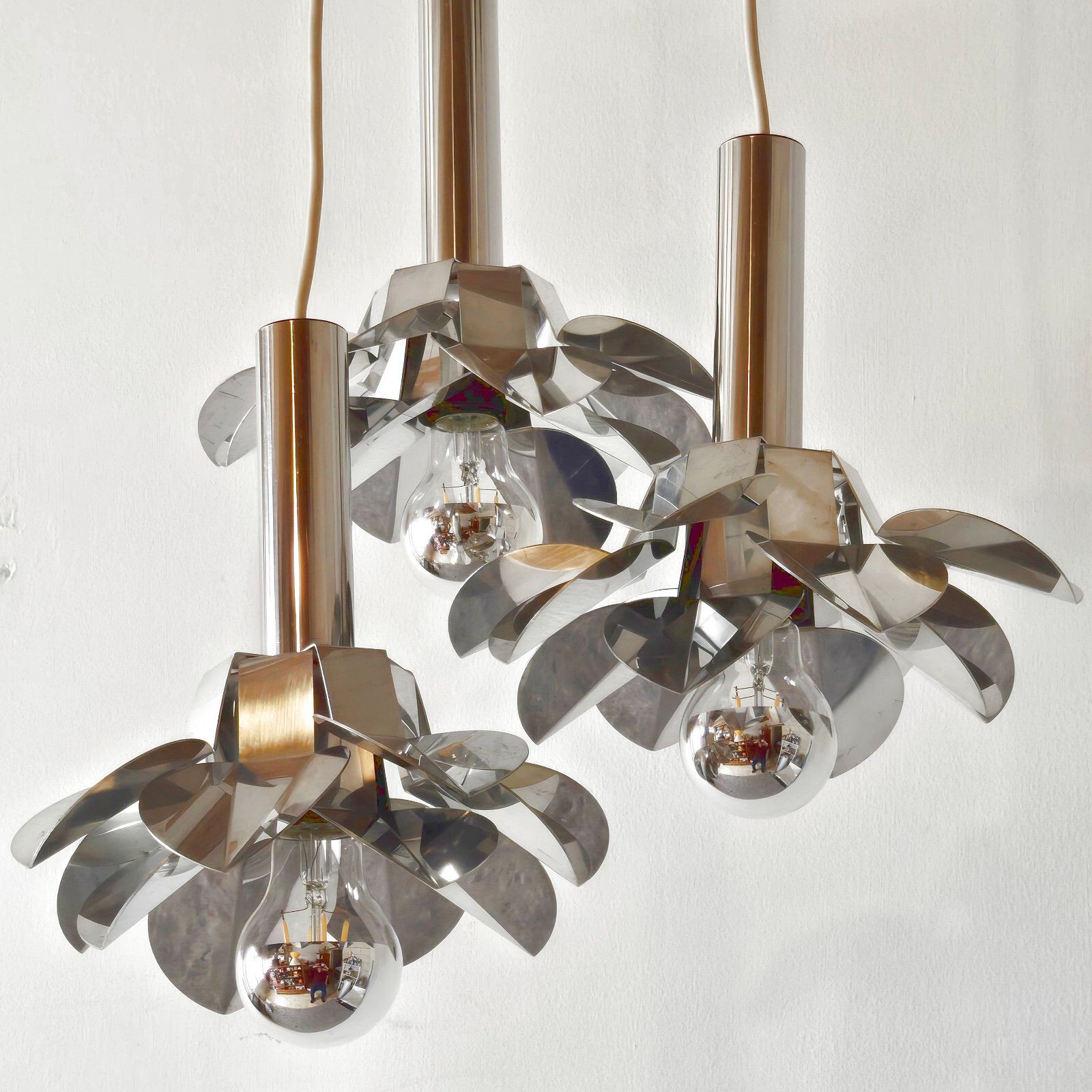 Vintage 1970s Space Age Pop Steel 70s Retro Waterfall Flower Hanging Chandelier photo for sale