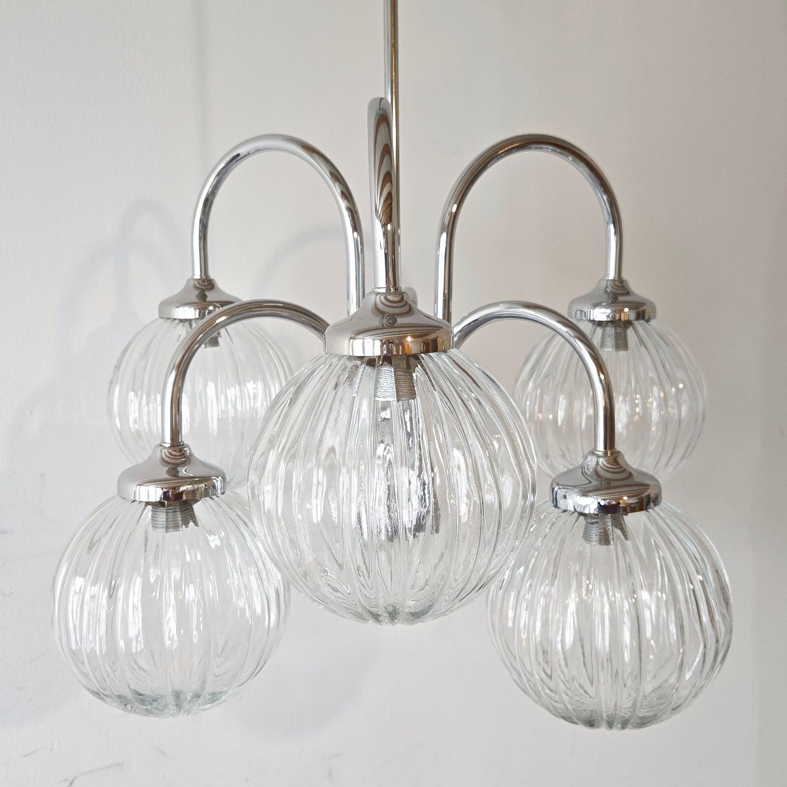 Vintage 1970s 6 Balls Glass & Steel Chrome Ceiling Chandelier 70s Retro 70s