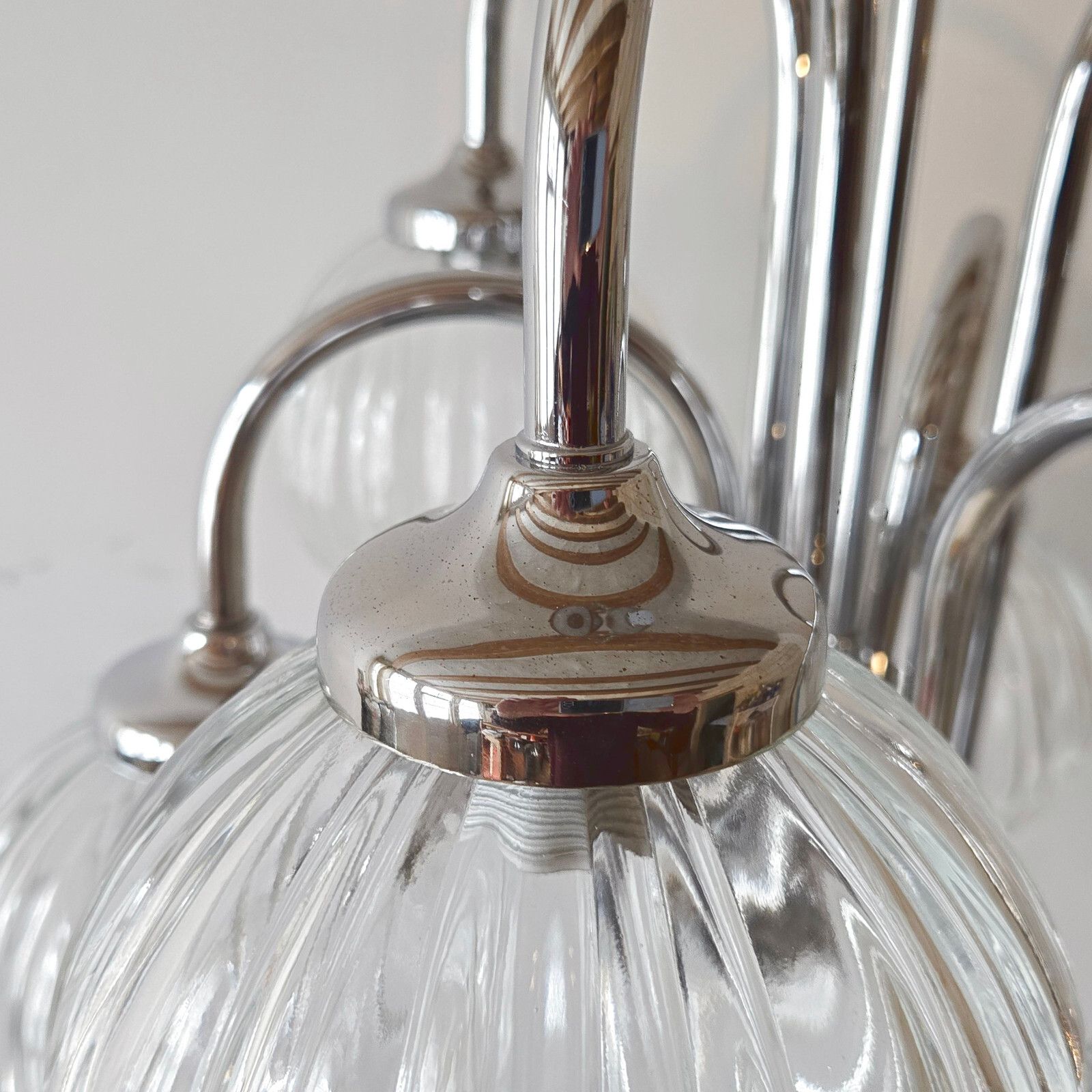 Vintage 1970s 6 Balls Glass & Steel Chrome Ceiling Chandelier 70s Retro 70s photo vinterior